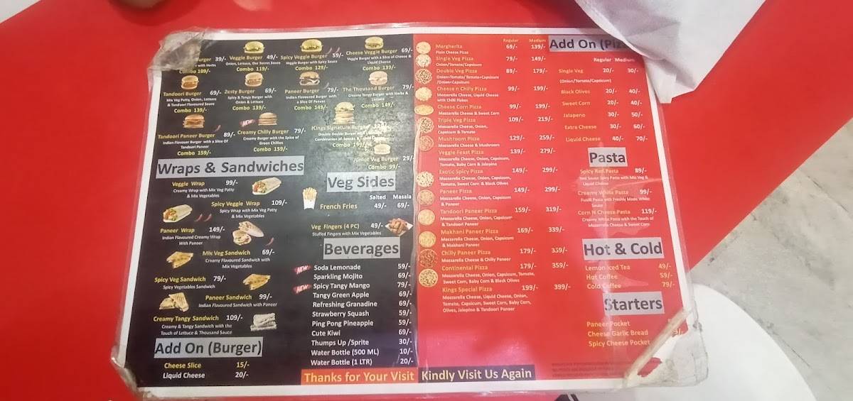 Kings Pizza and Burger menu