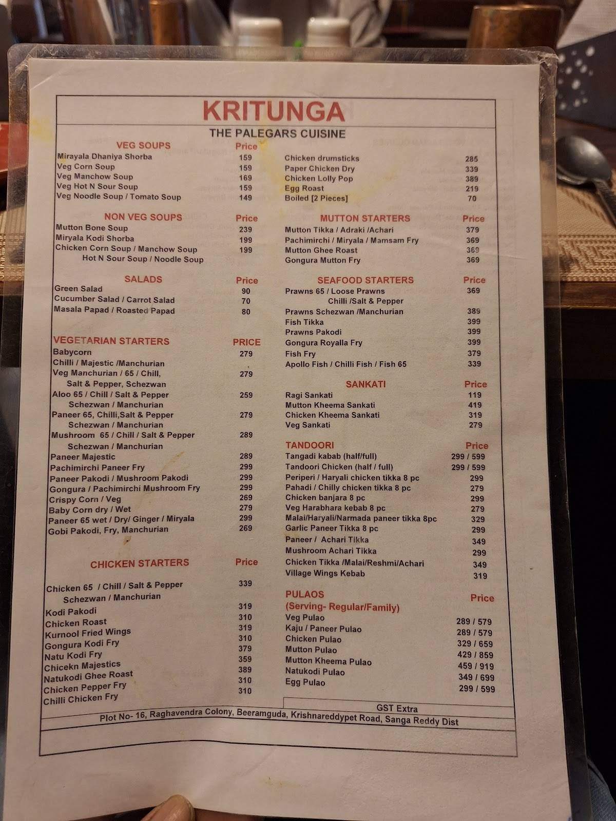 Kritunga - The Palegar's Cuisine menu