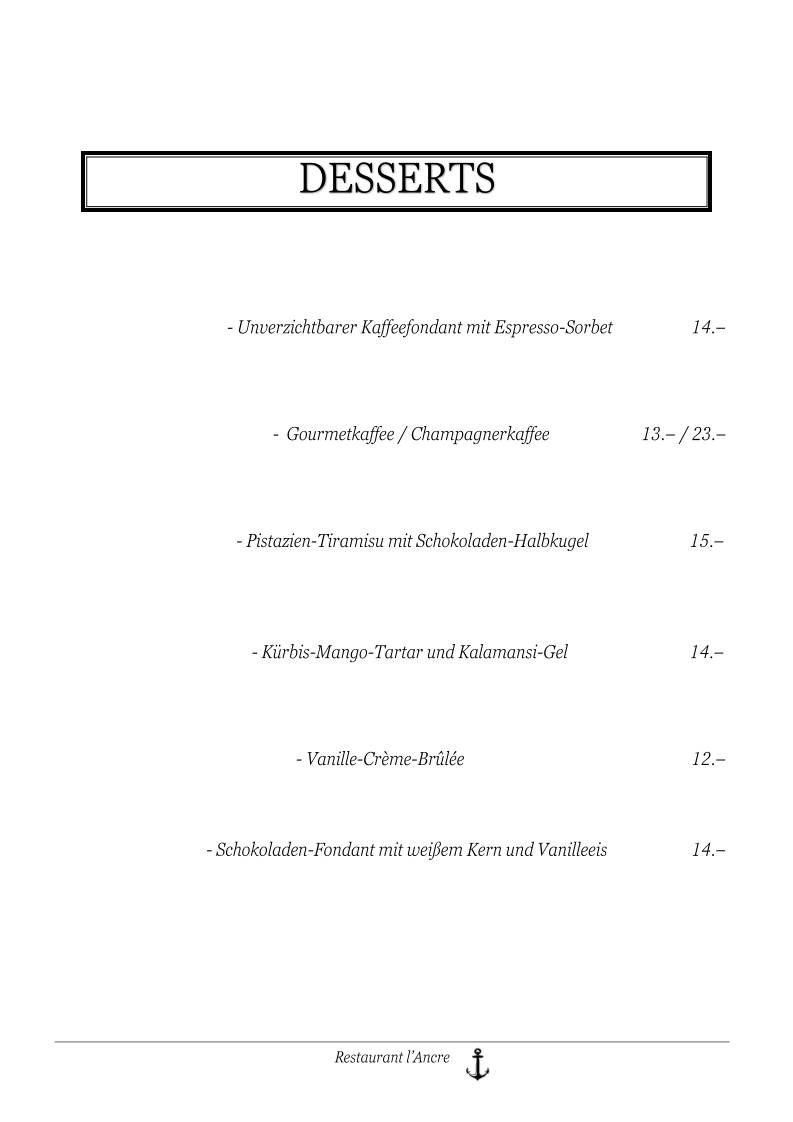 Menu di Restaurant L'Ancre 