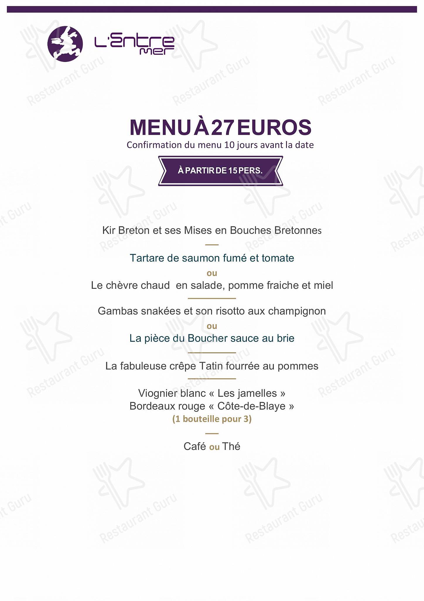 Menu pour L'Entre mer - Restaurant Rueil Malmaison - Dinner Menu