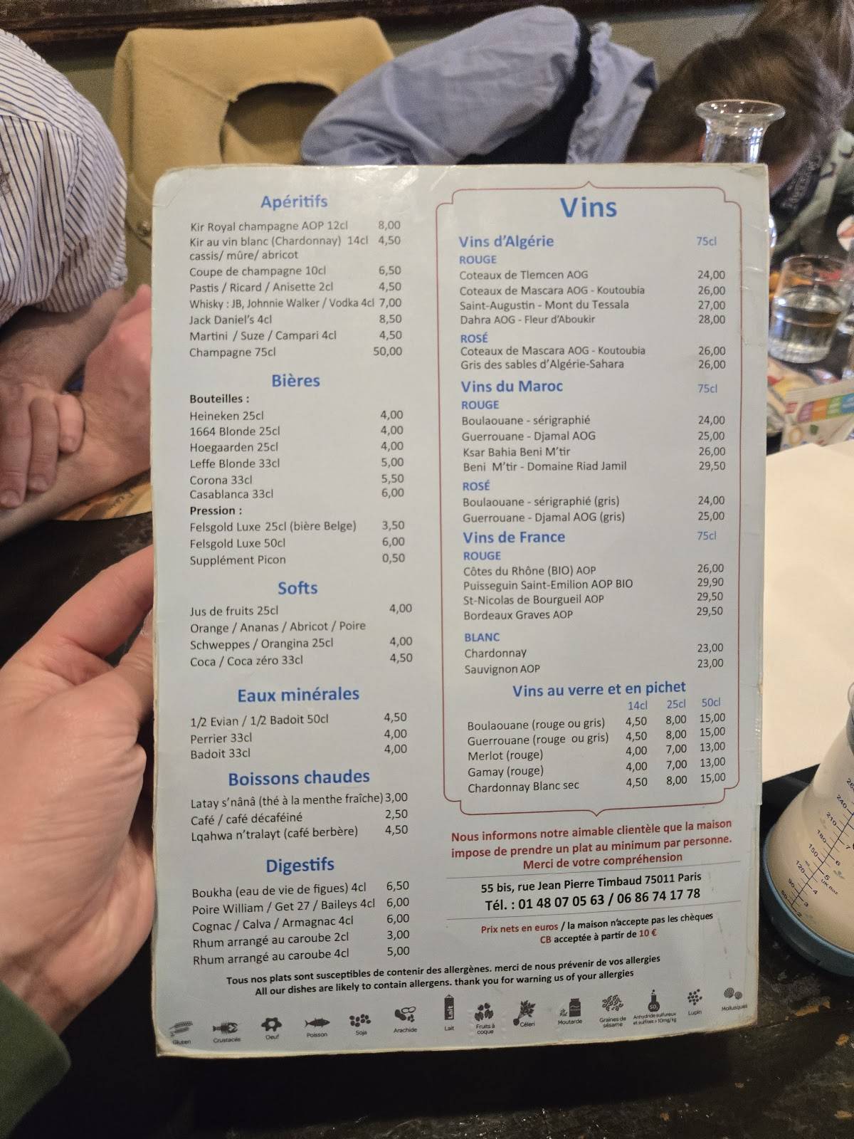 Menu de L'Homme Bleu