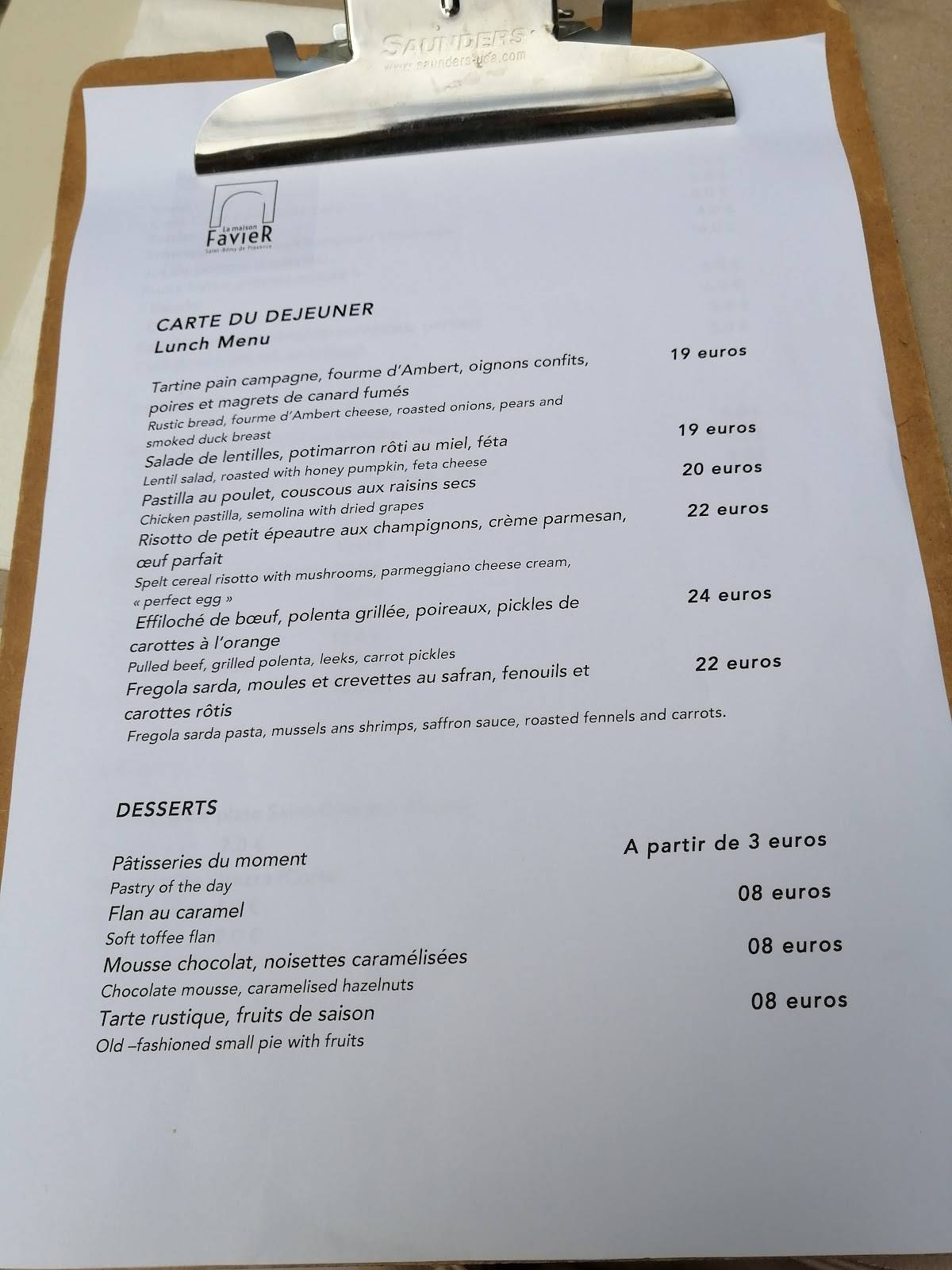 Menu at La Maison Favier restaurant, SaintRémydeProvence