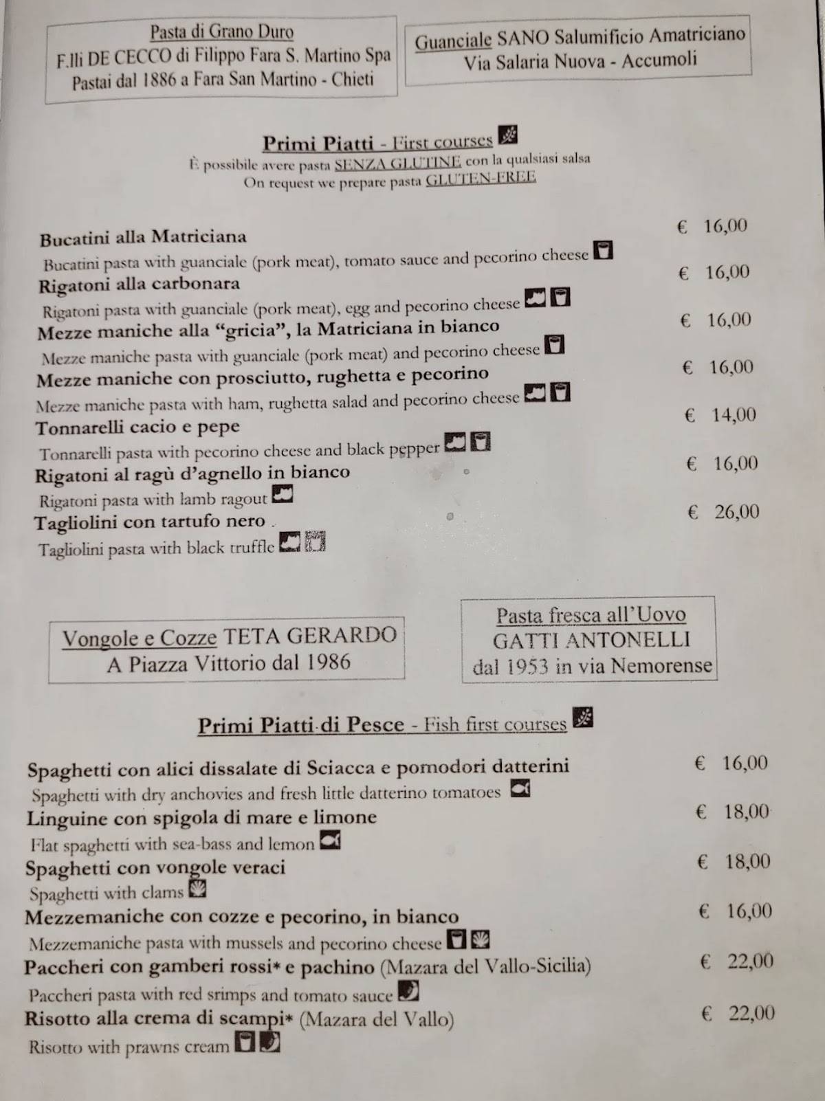 Menu di La Matriciana Dal 1870 