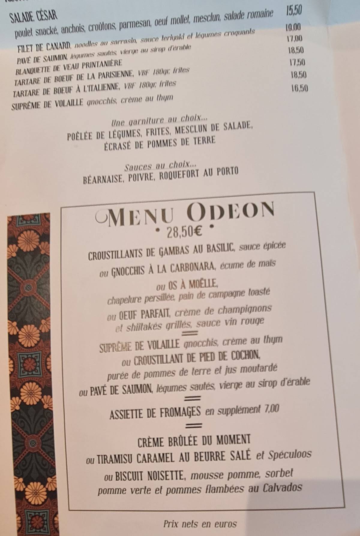 Menu de La Parisienne