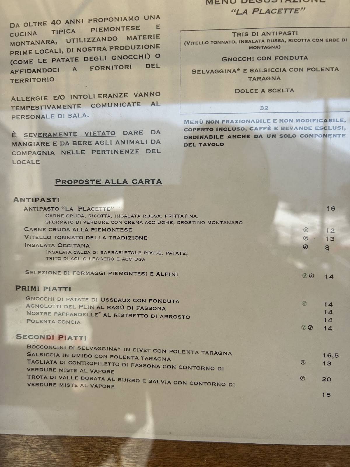 Menu di La Placette albergo diffuso 