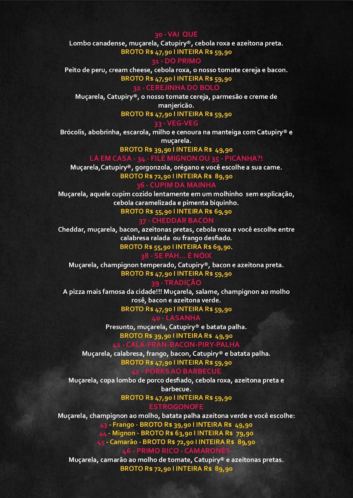 Lá em Casa Pizzaria cardápio