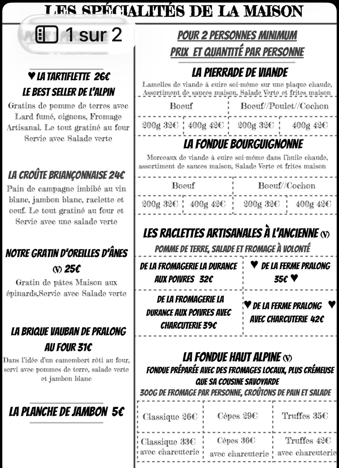 Menu de Restaurant L'alpin