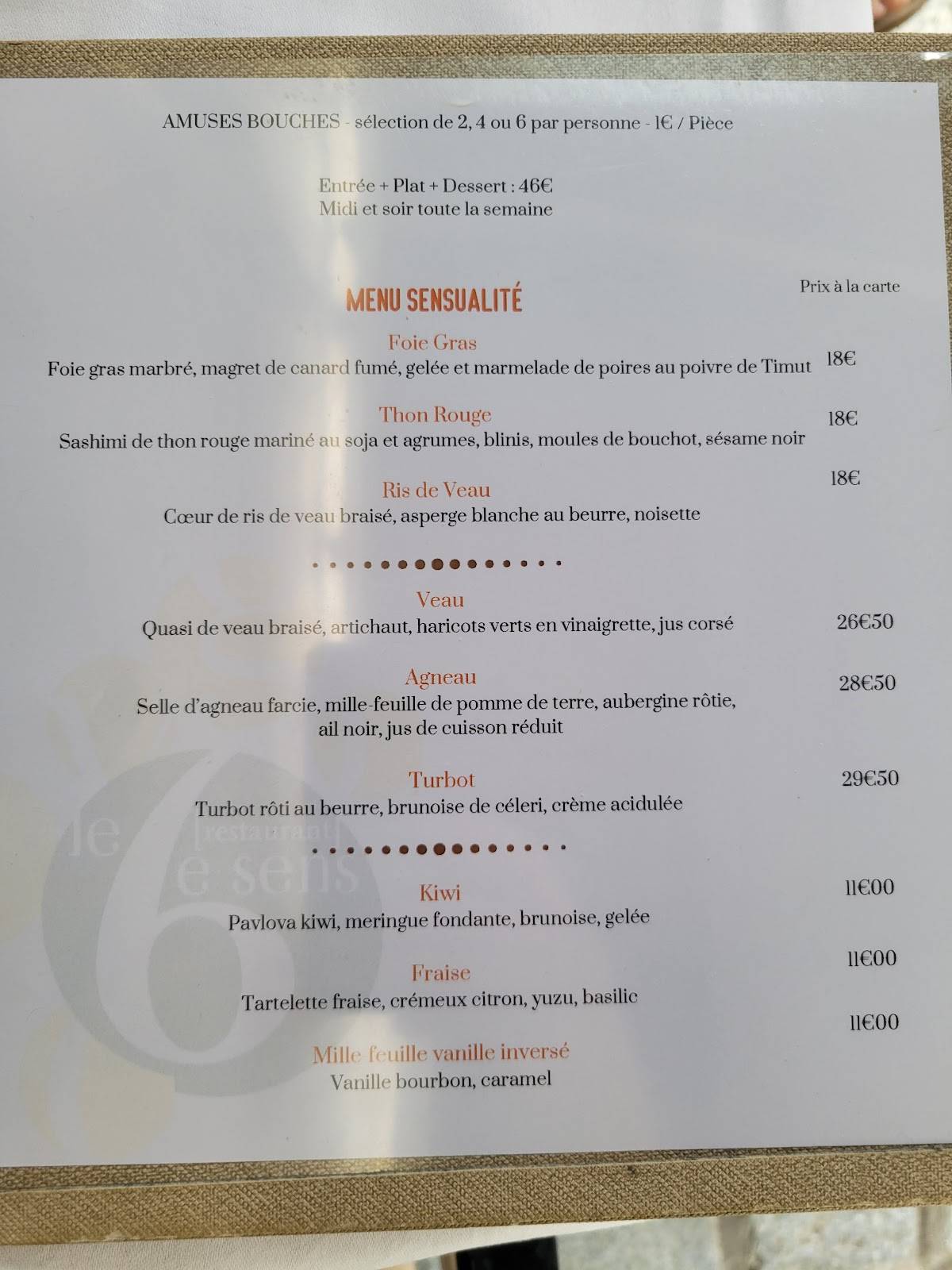 Menu de Le 6ème Sens