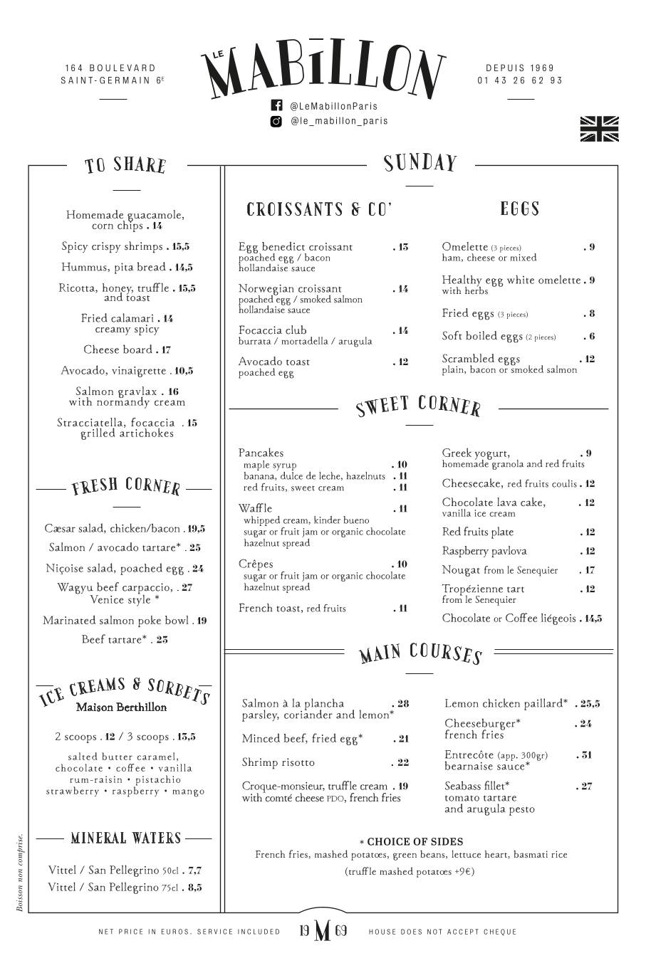 Menu de Le Mabillon - Paris