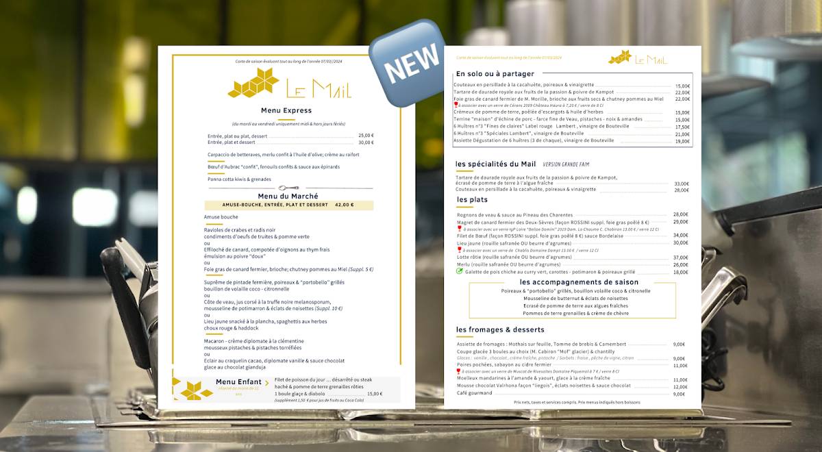 Menu de Restaurant Le Mail La Rochelle