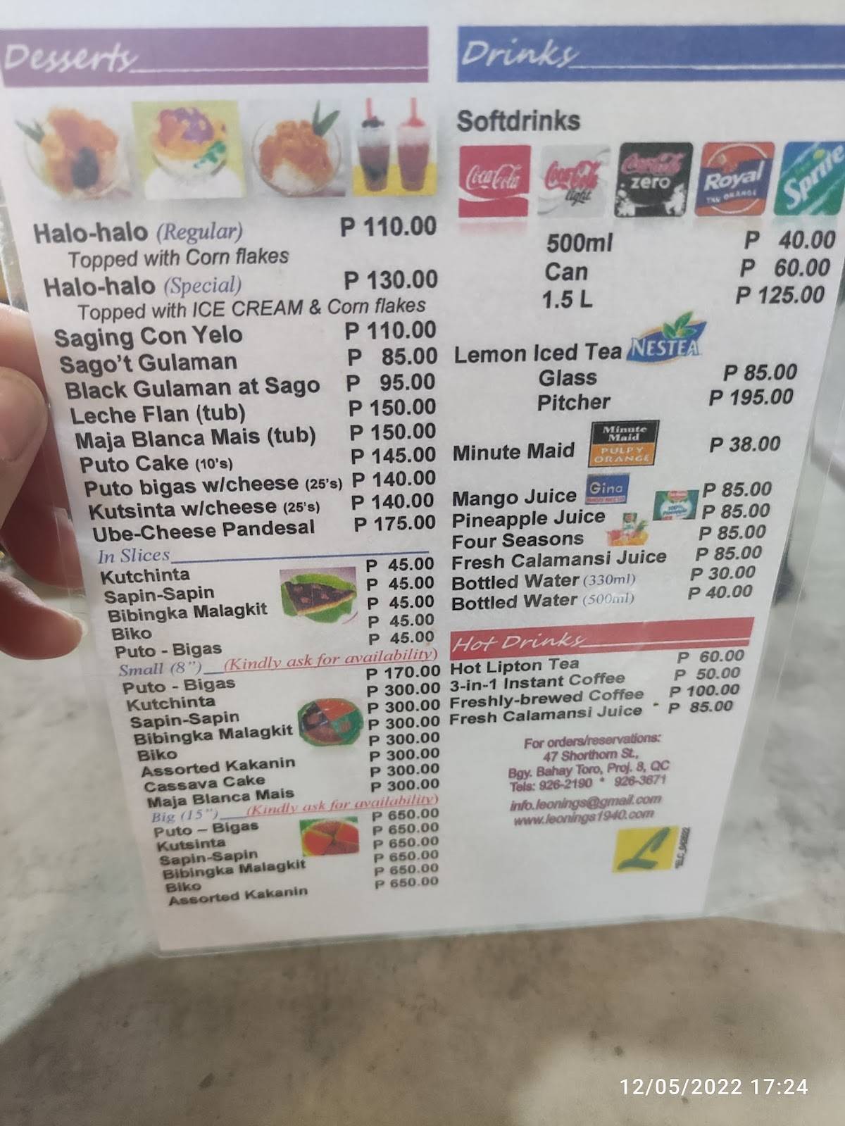 Menu at Leoning's Pancit Palabok restaurant, Quezon City, 1106 Shorthorn St