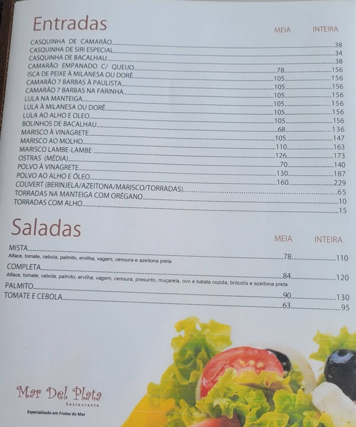 Mar Del Plata cardápio