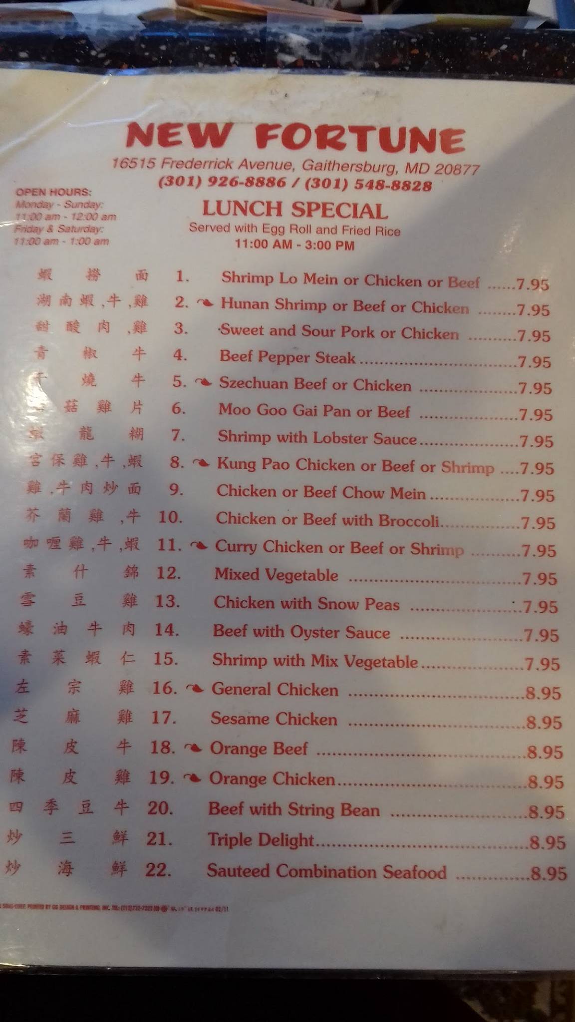 Menu at New Fortune restaurant, Gaithersburg