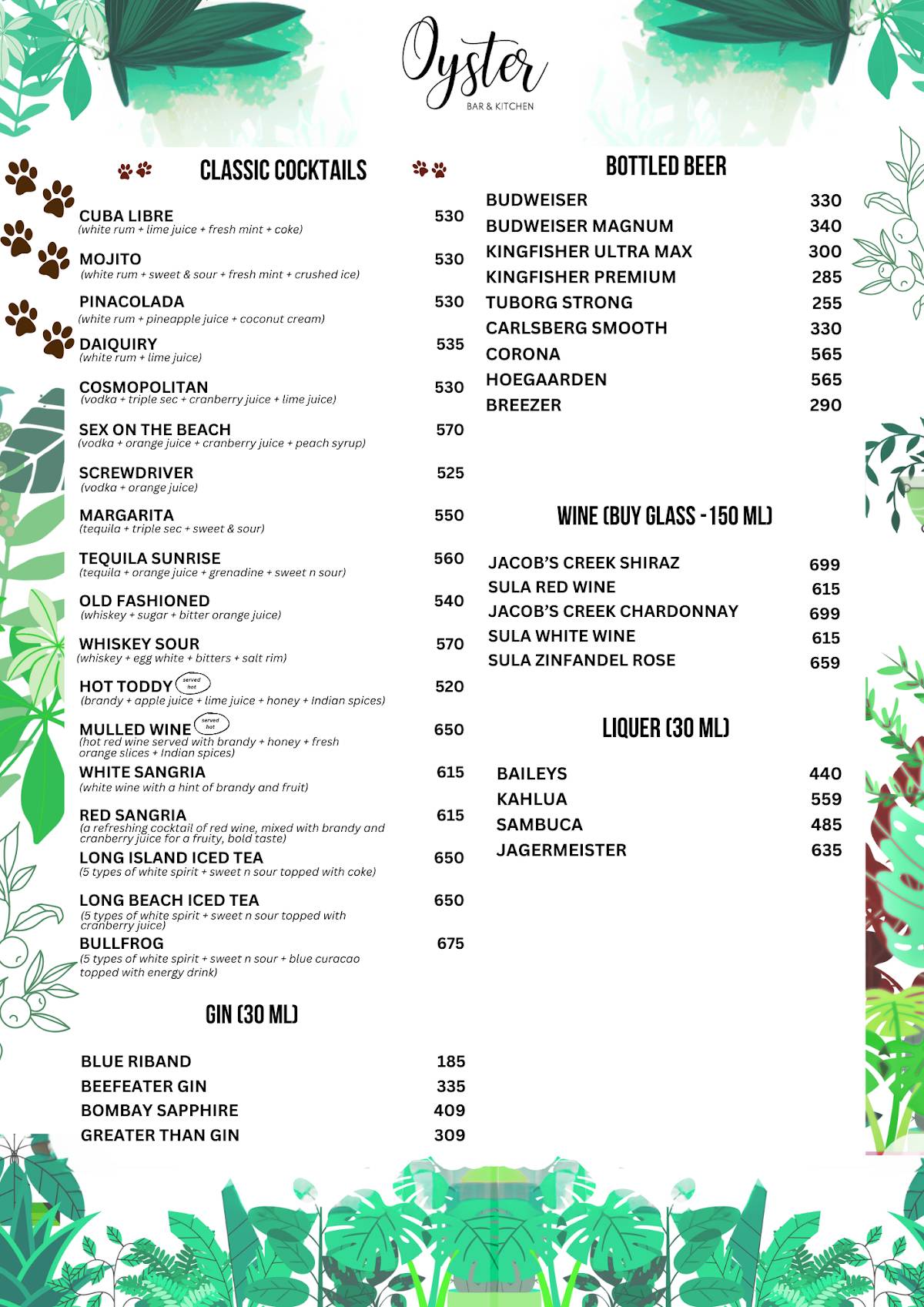 Oyster, Bar & Kitchen menu