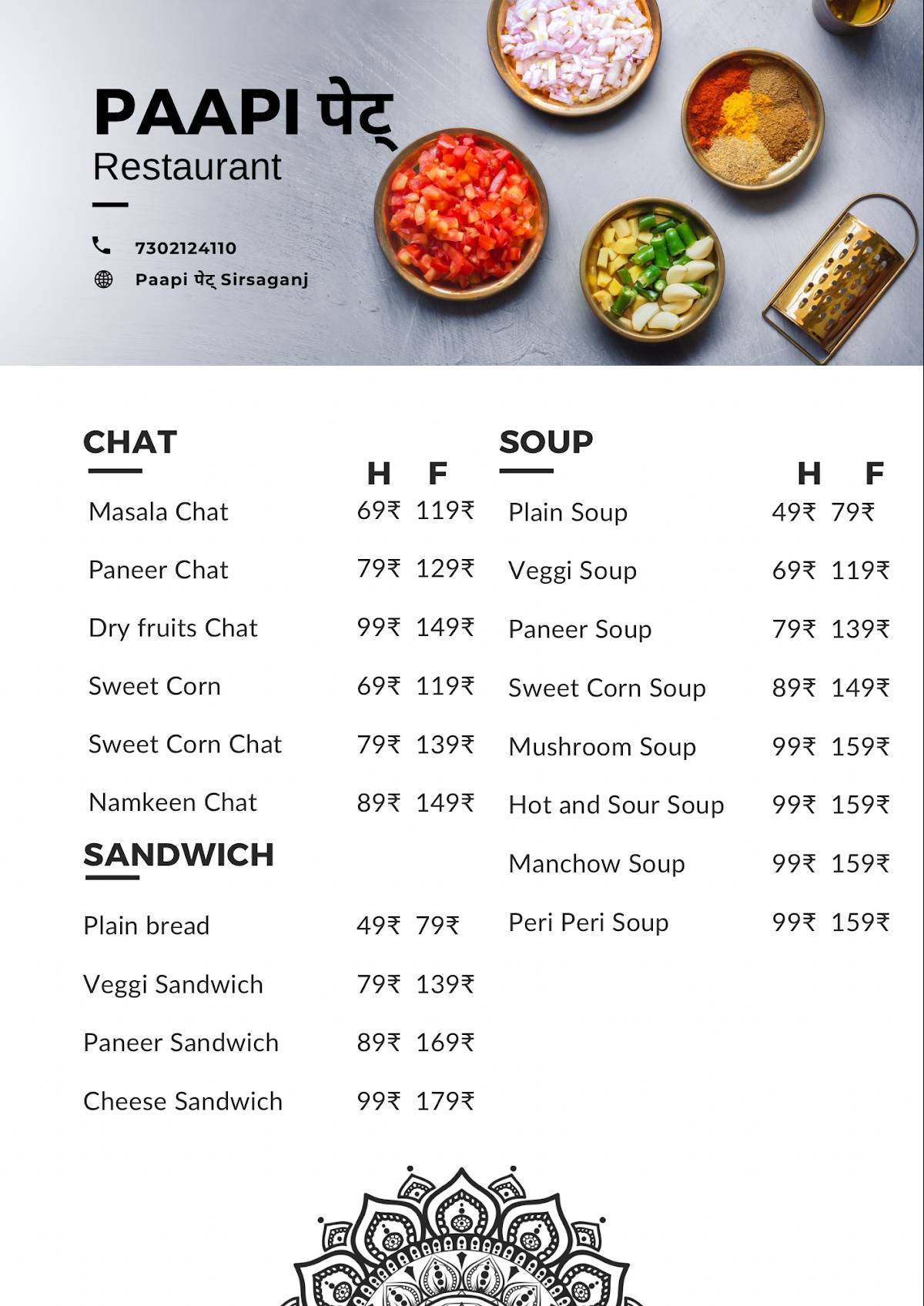 Paapi पेट् Restaurant ( restaurant in Sirsaganj ) menu