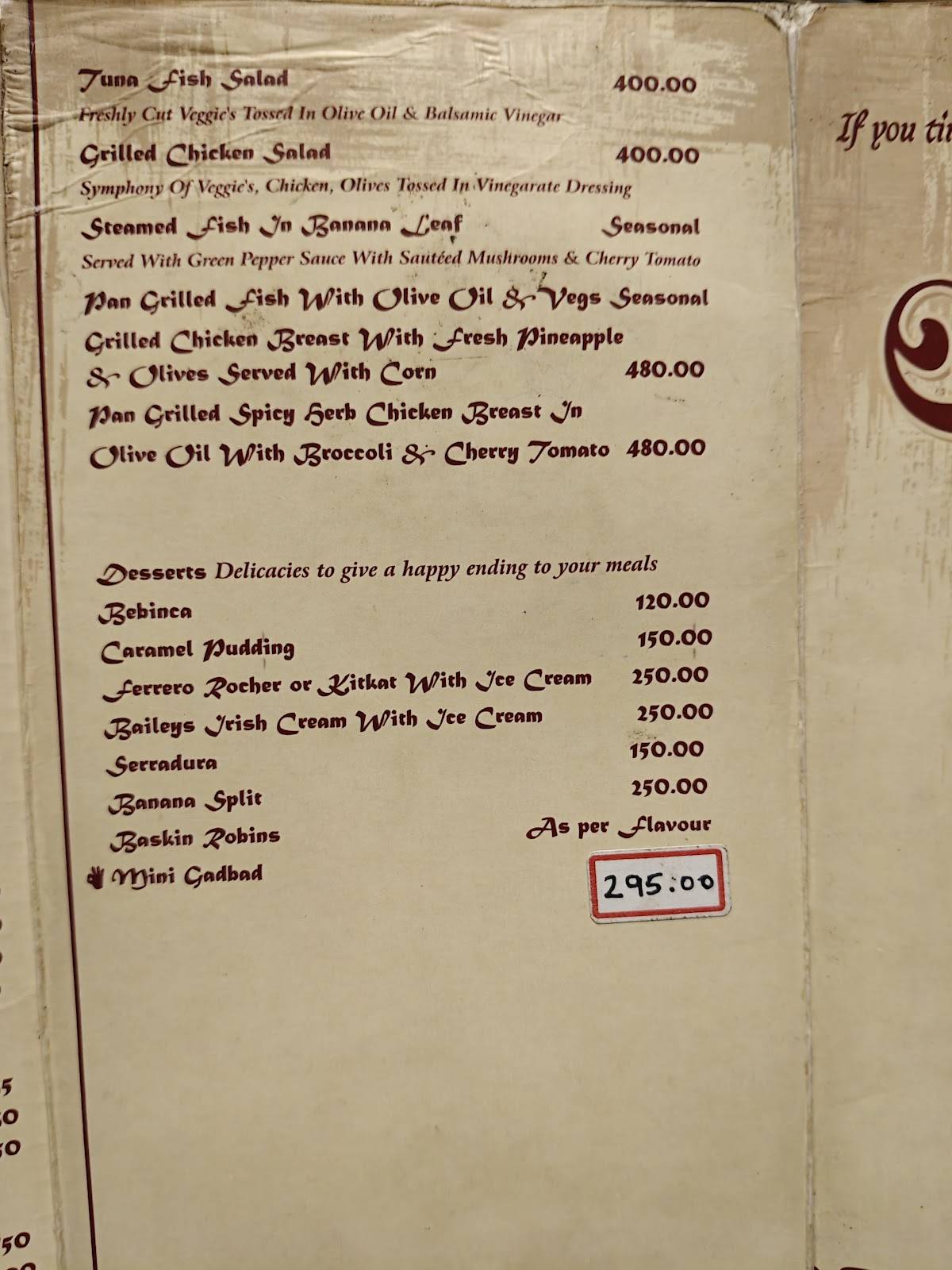 Pepper's Gourmet Cuisine menu