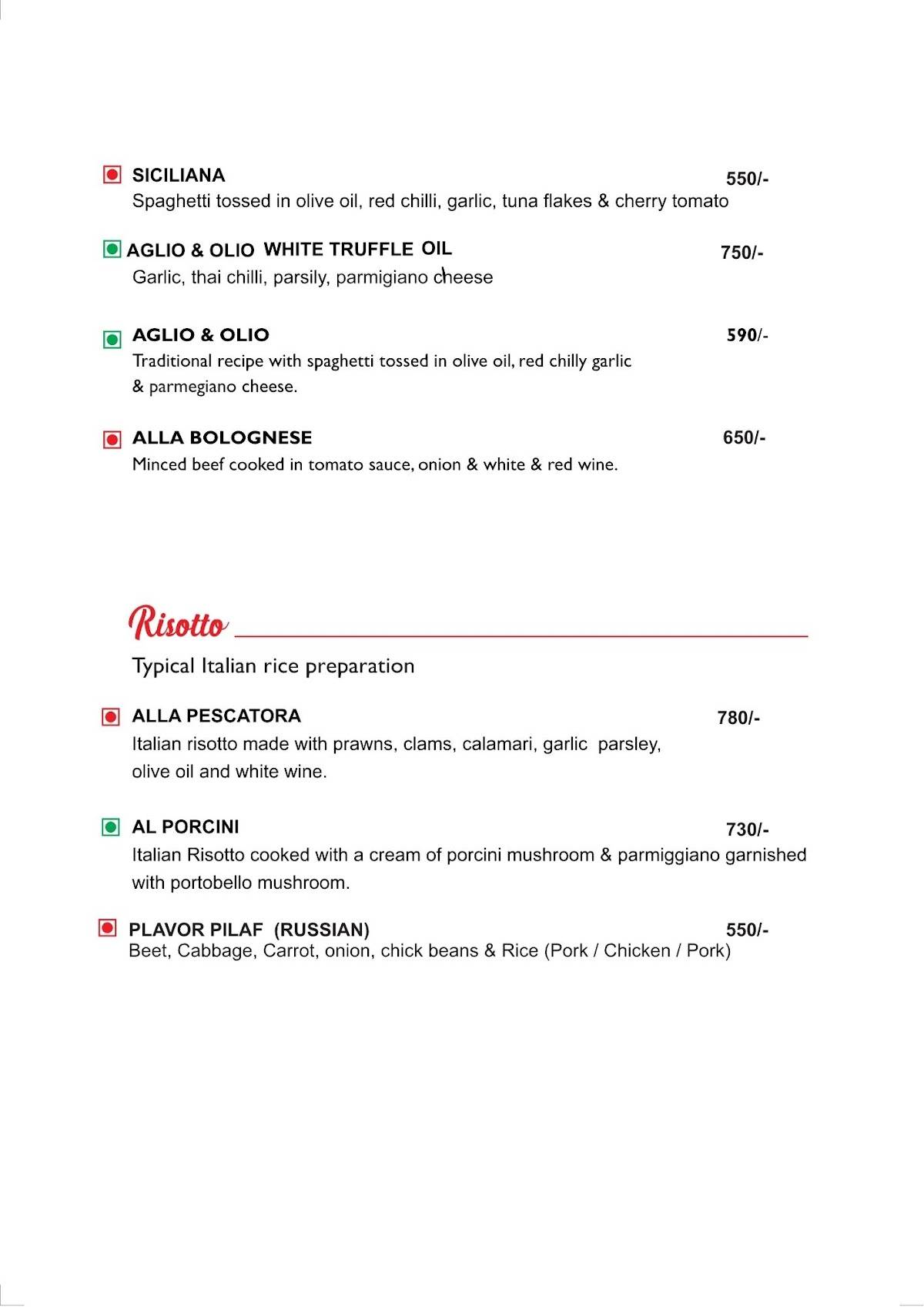 Piccola Roma Pizza menu
