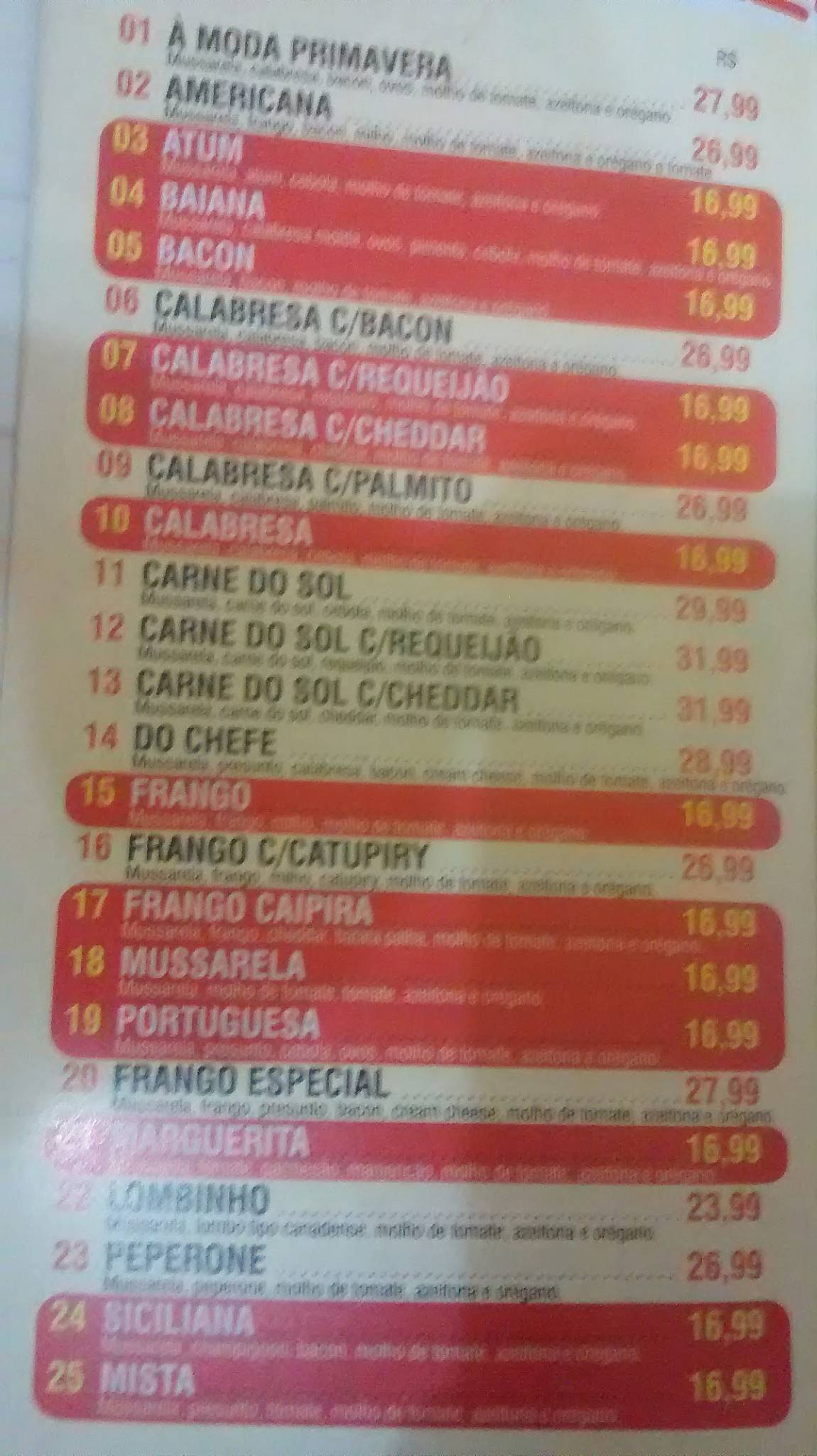 Pizzaria Primavera cardápio
