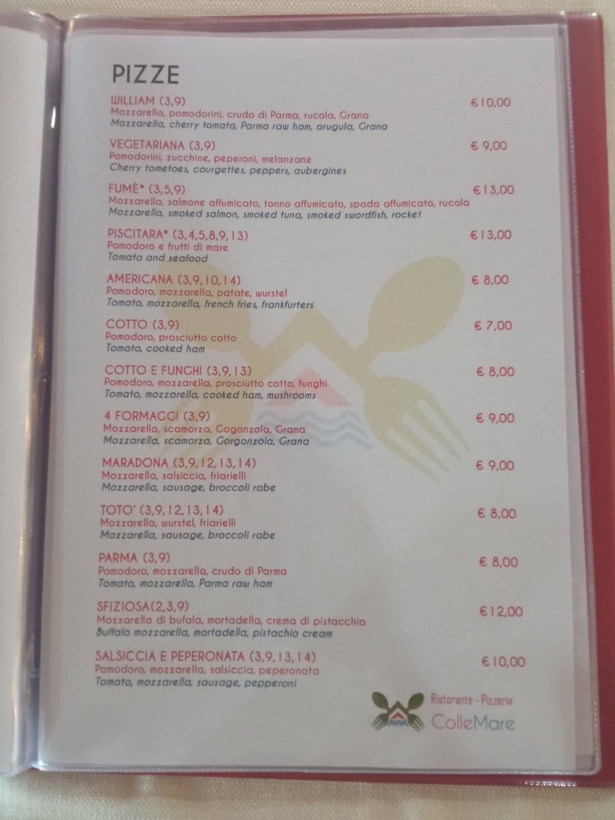 Menu di Ristorante pizzeria collemare 