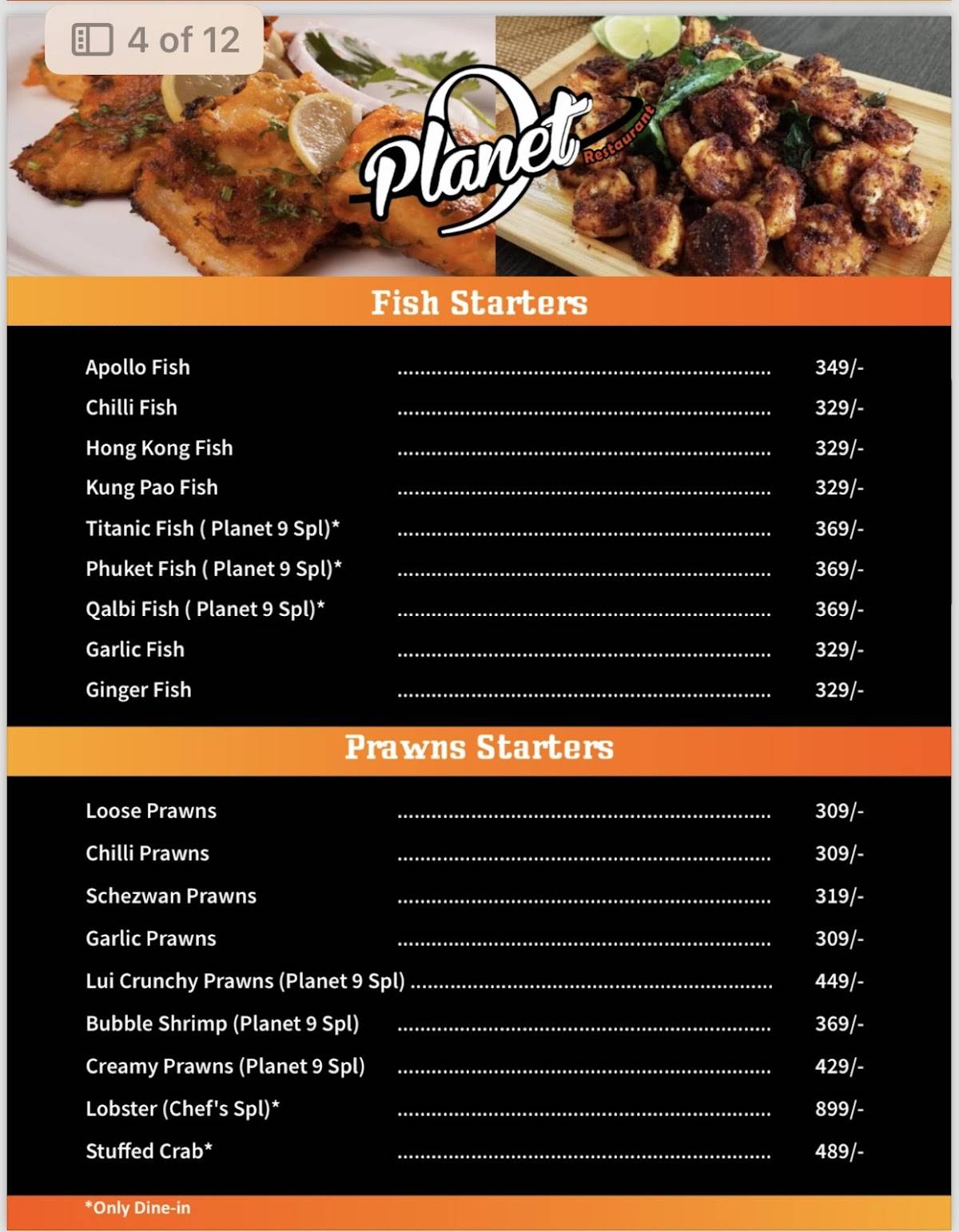 Planet 9 restaurant menu