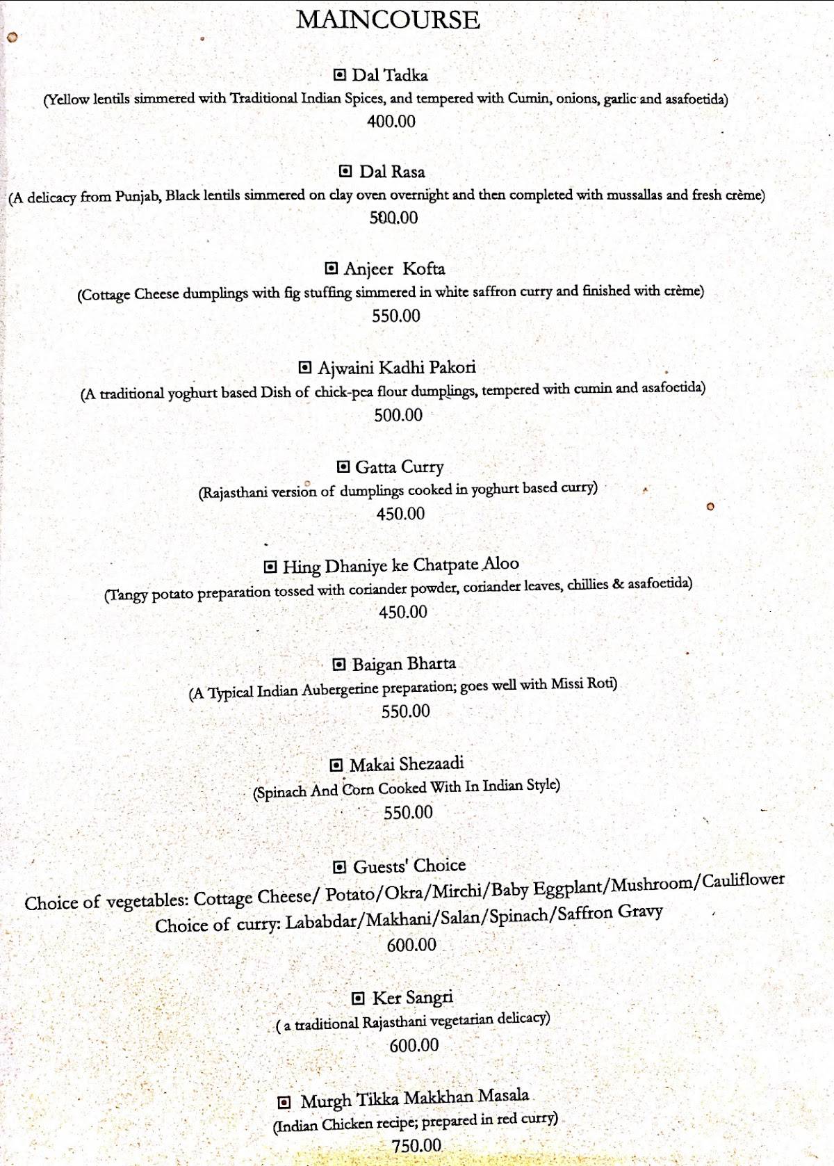 Rasa Restaurant menu