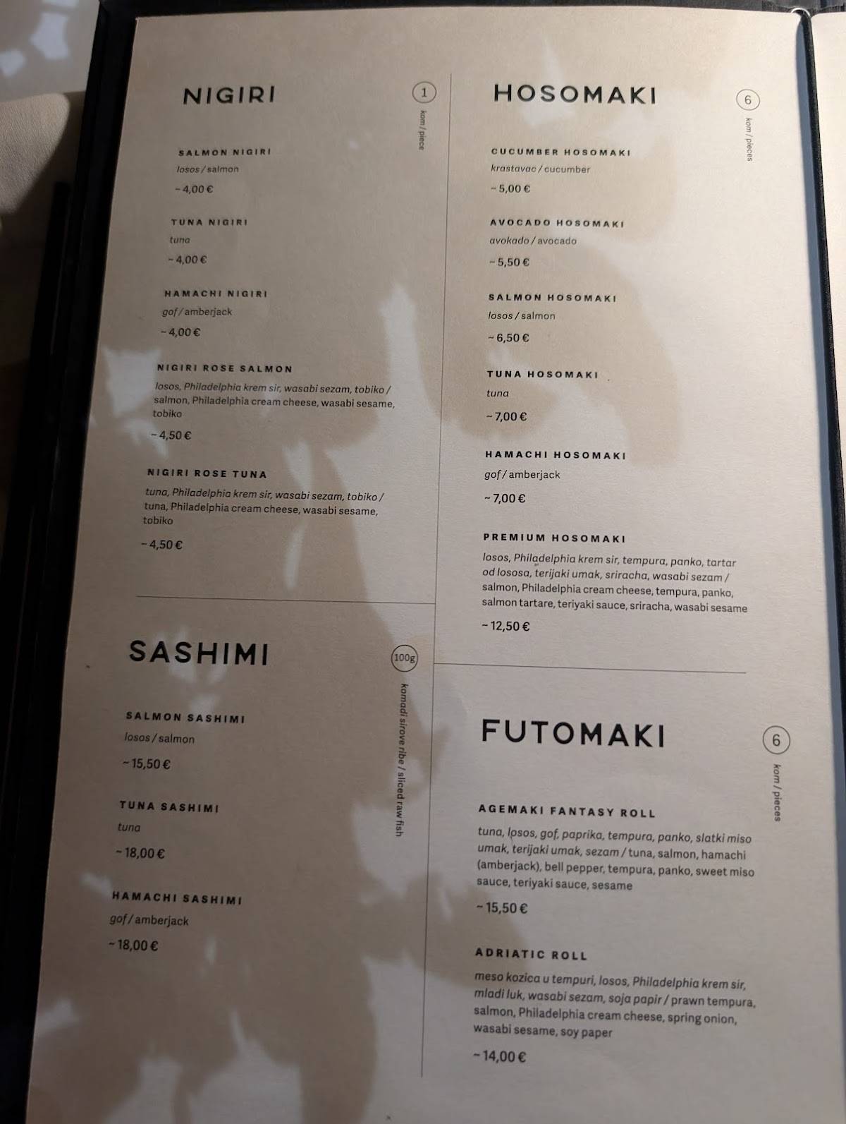 Menu di Restaurant Adriatic 