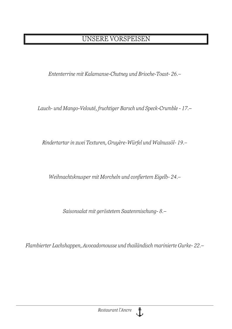 Menu di Restaurant L'Ancre 