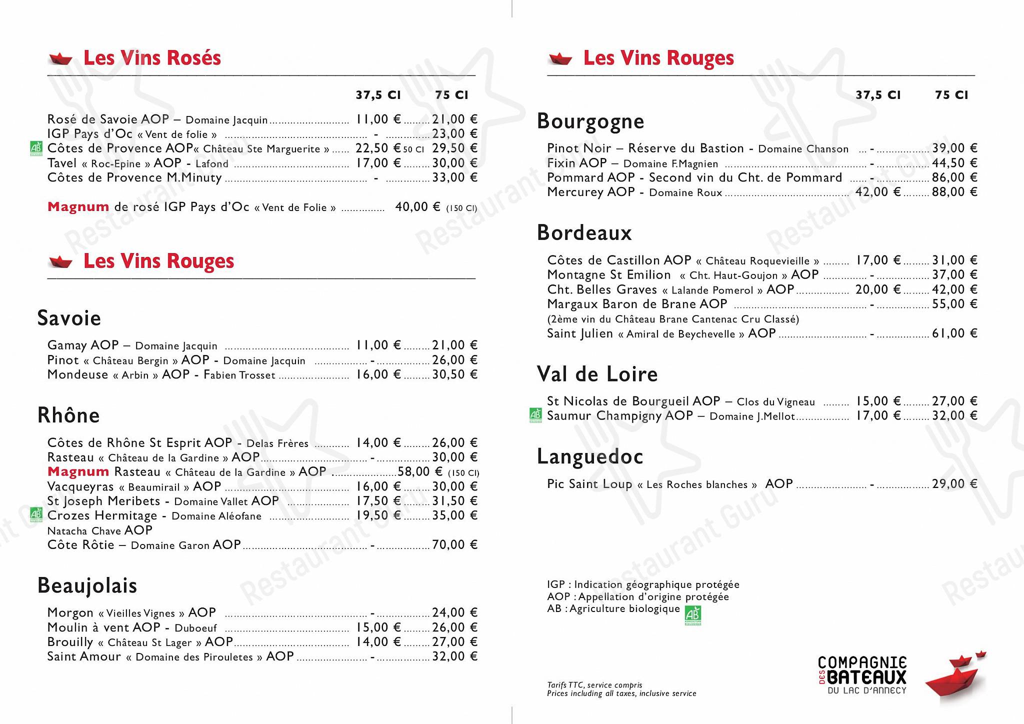 Le Libellule - Bateau Restaurant dans Annecy - 菜单
