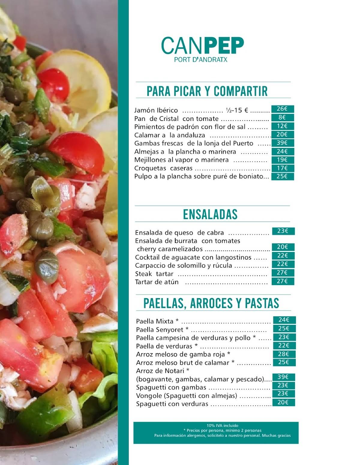 Carta de Restaurante Can Pep Puerto Andratx