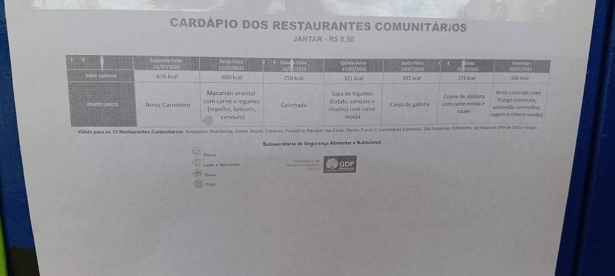 Restaurante Comunitário de Sobradinho II cardápio