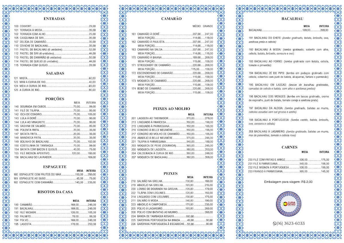 Restaurante Curva de Rio cardápio
