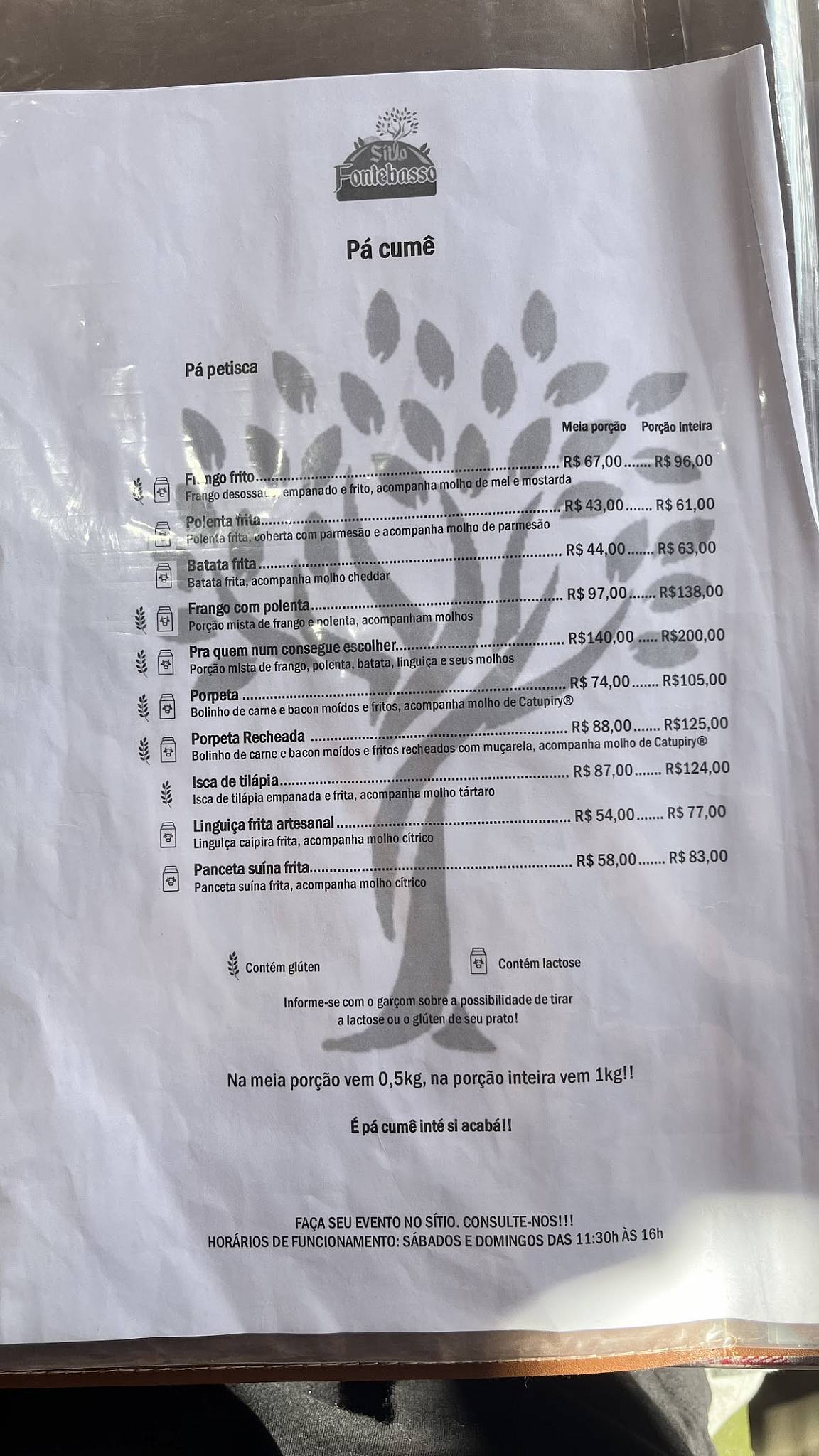 Sítio Fontebasso cardápio