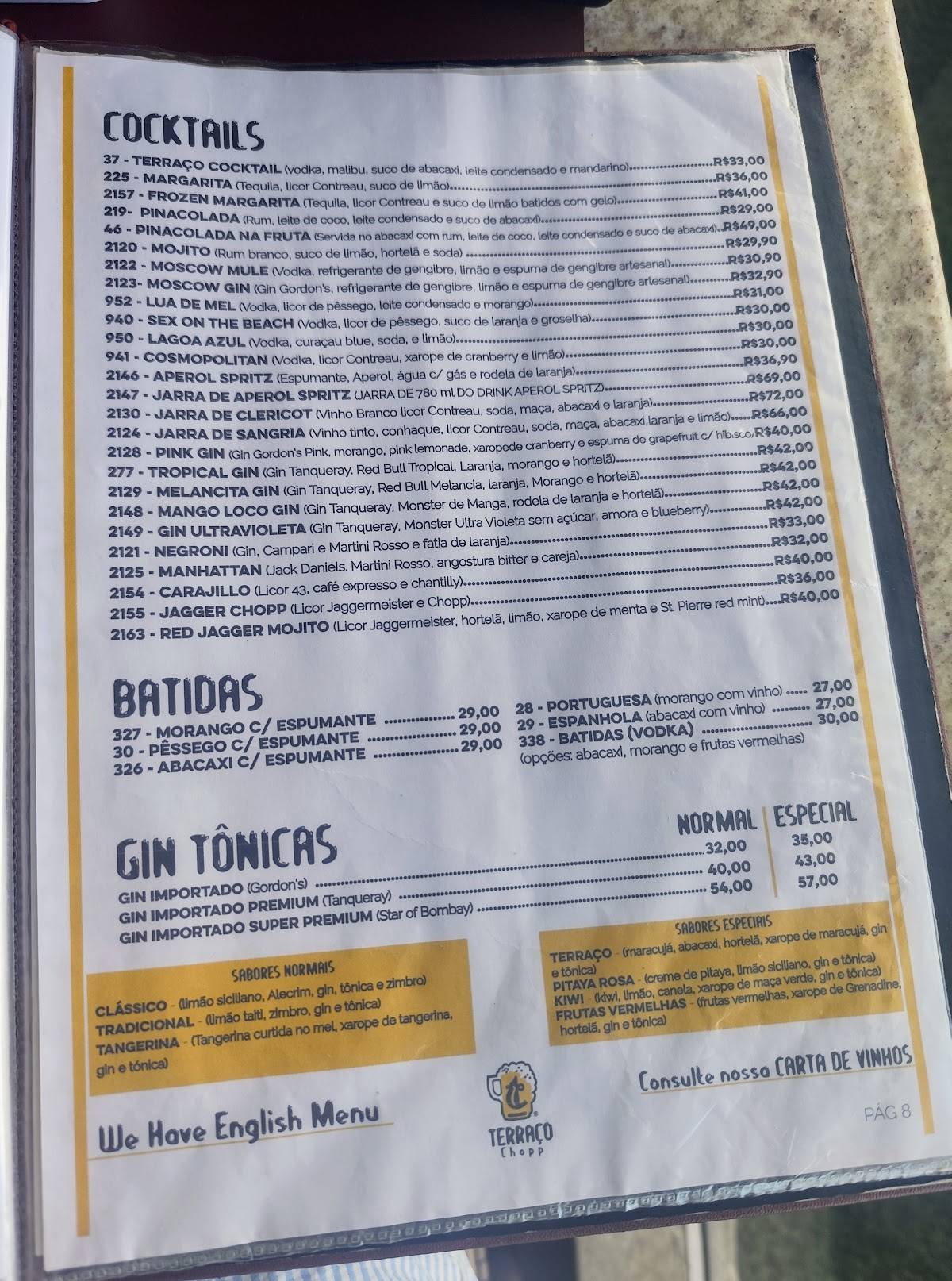Terraço Chopp cardápio
