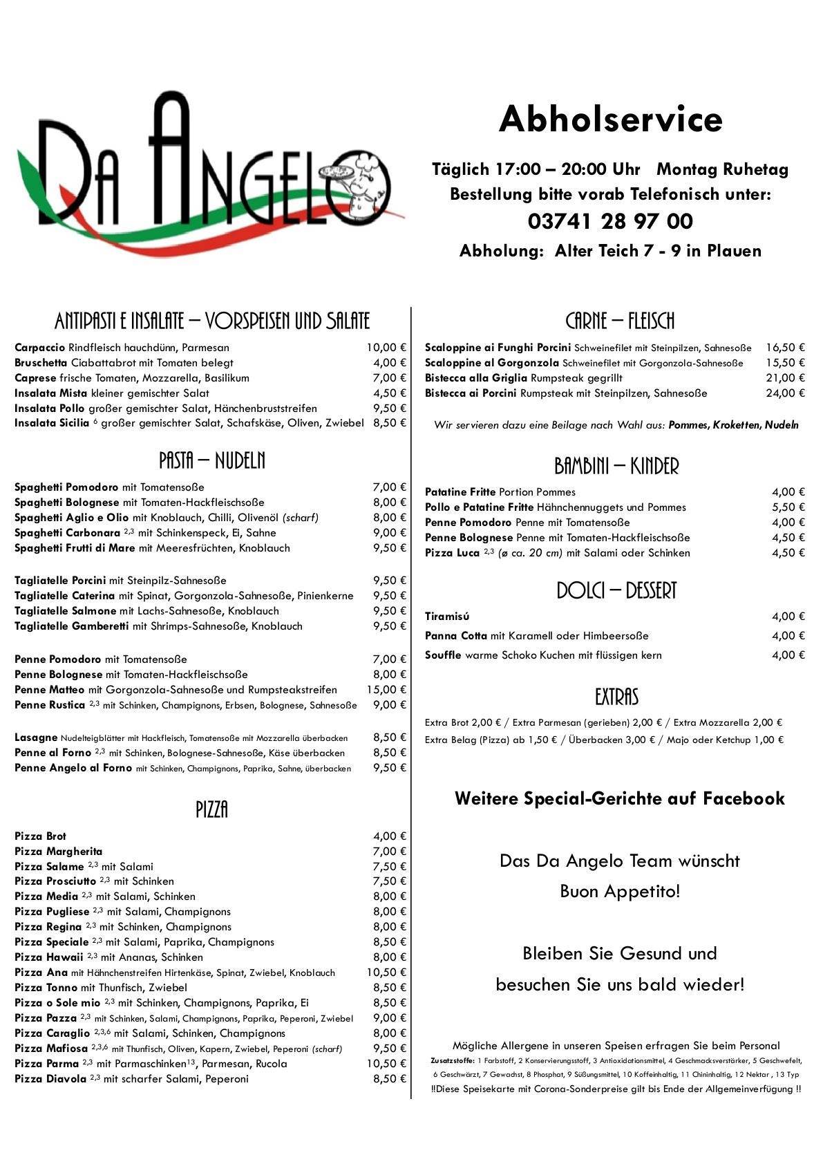 Speisekarte von Ristorante Da Angelo restaurant, Plauen, Alter Teich 7