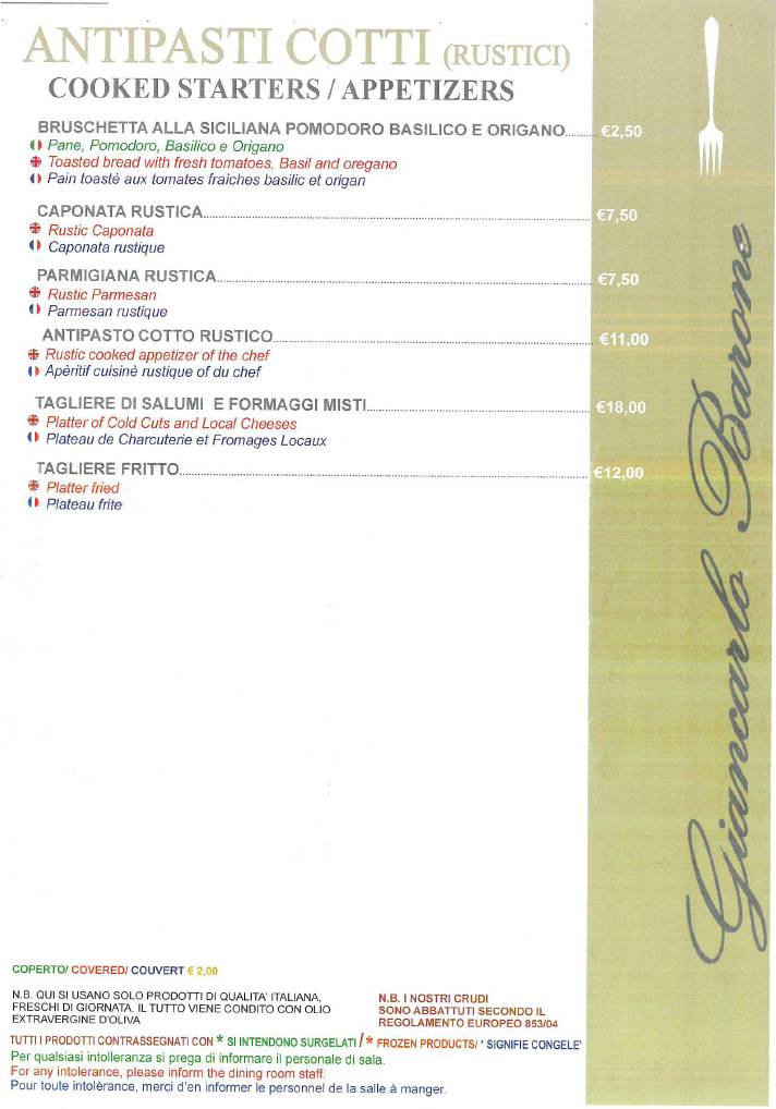 Menu di Ristorante Giancarlo Barone Acicastello 