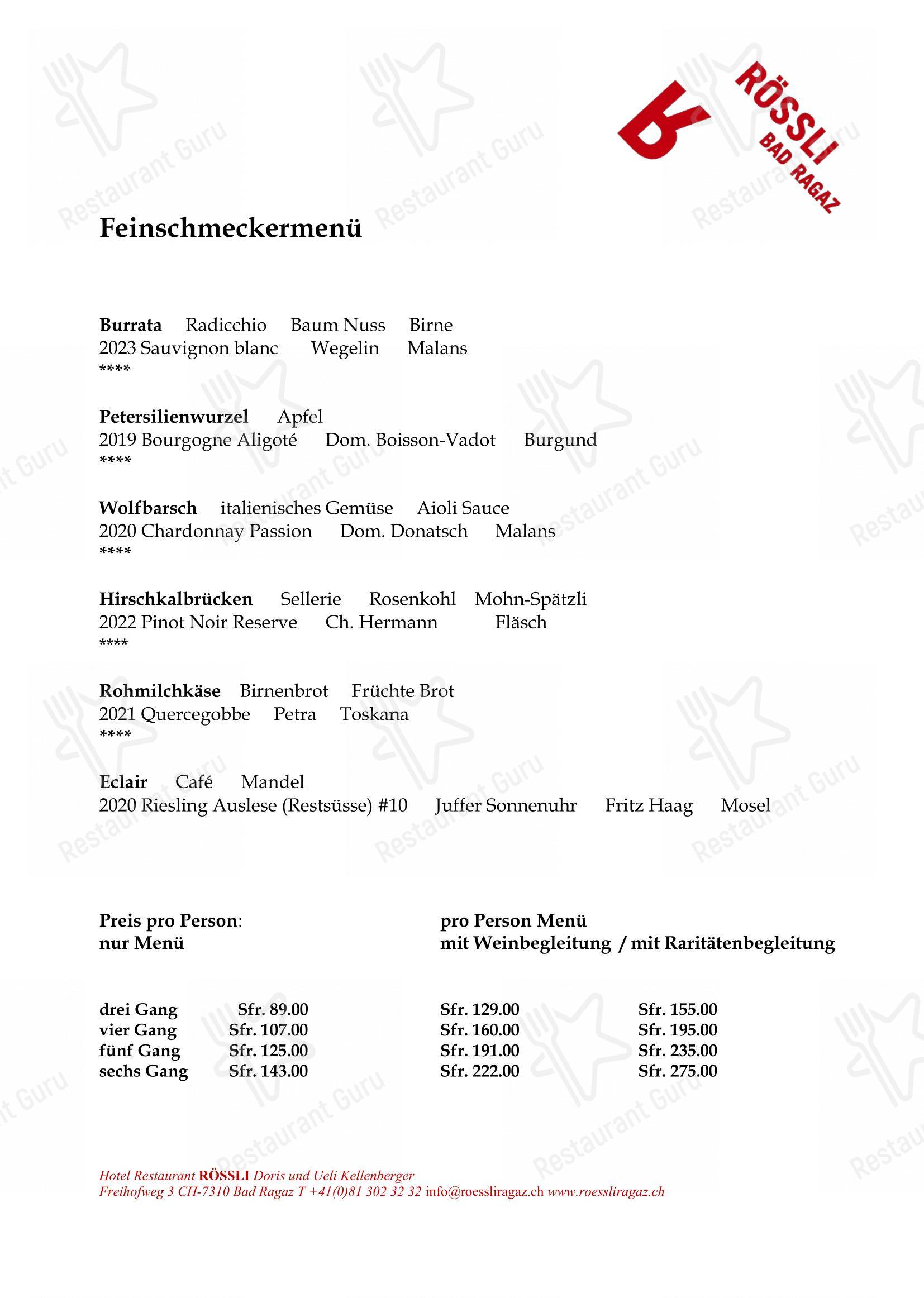 Restaurant Rössli in Bad Ragaz - Основное меню