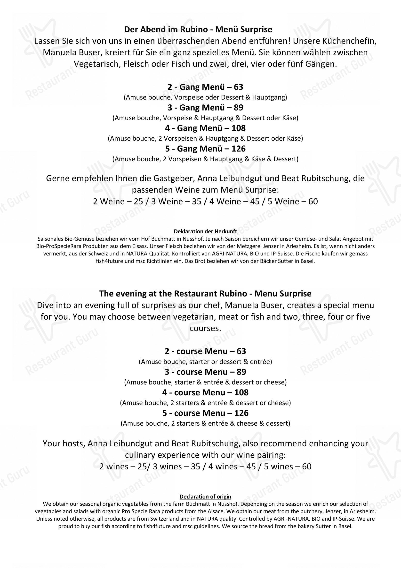 Menu di Restaurant Rubino - Menu