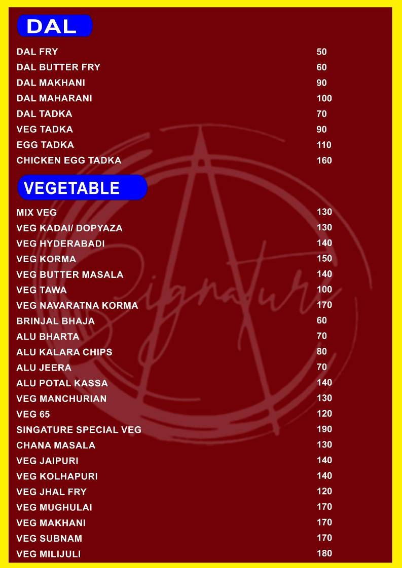 SIGNATURE A/C FAMILY RESTAURANT , NAYAGARH menu
