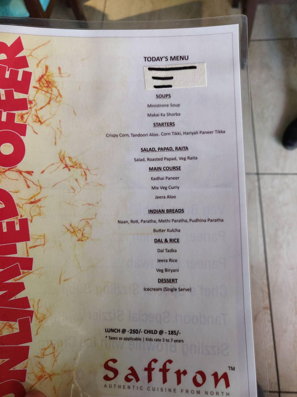 Menu at Saffron Restaurant, Vadodara, 02