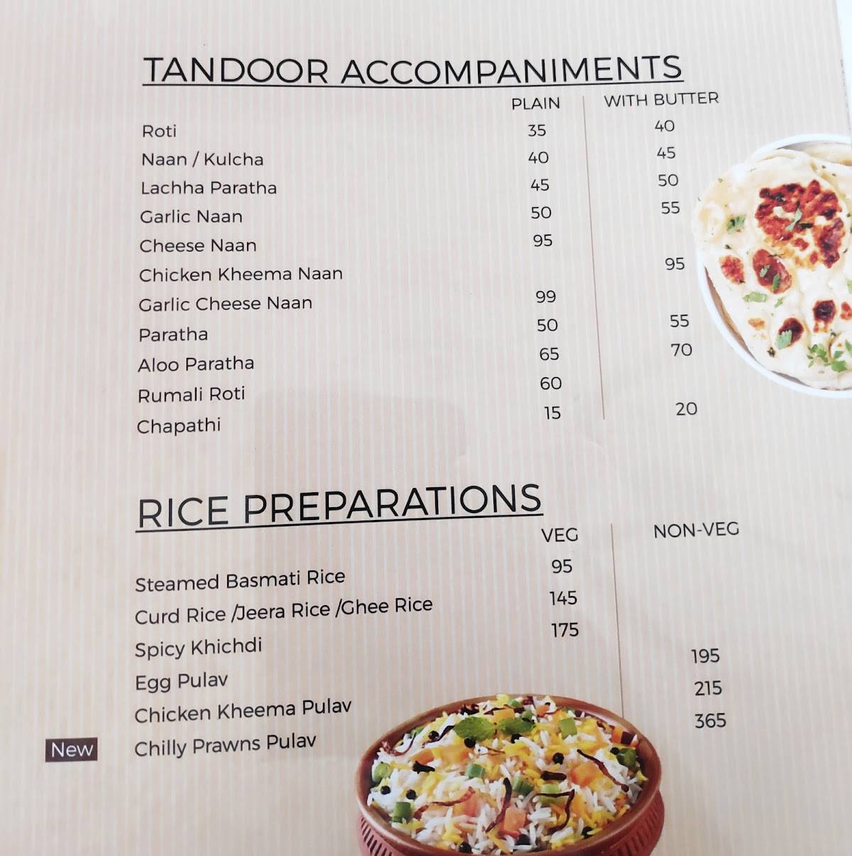 Saiba Restaurant menu