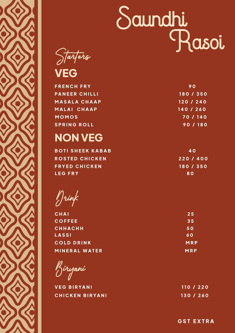 Saundhi Rasoi menu