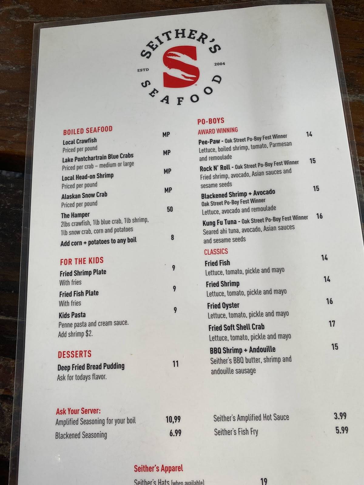 Menu at Seithers Seafood restaurant, Harahan