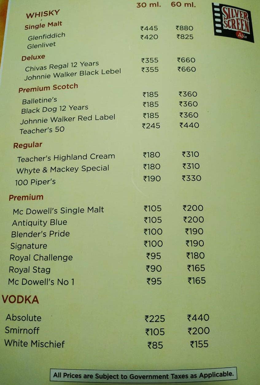 Silver Screen Asia menu