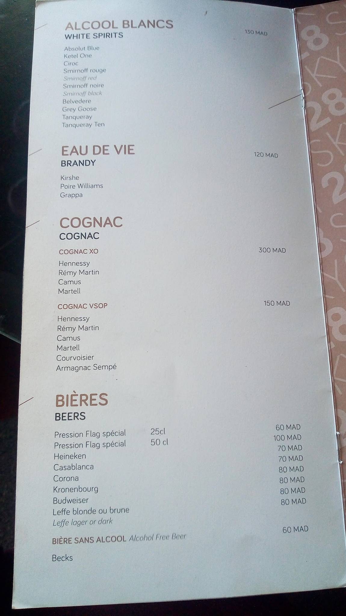 Menu au Sky 28 restaurant, Casablanca