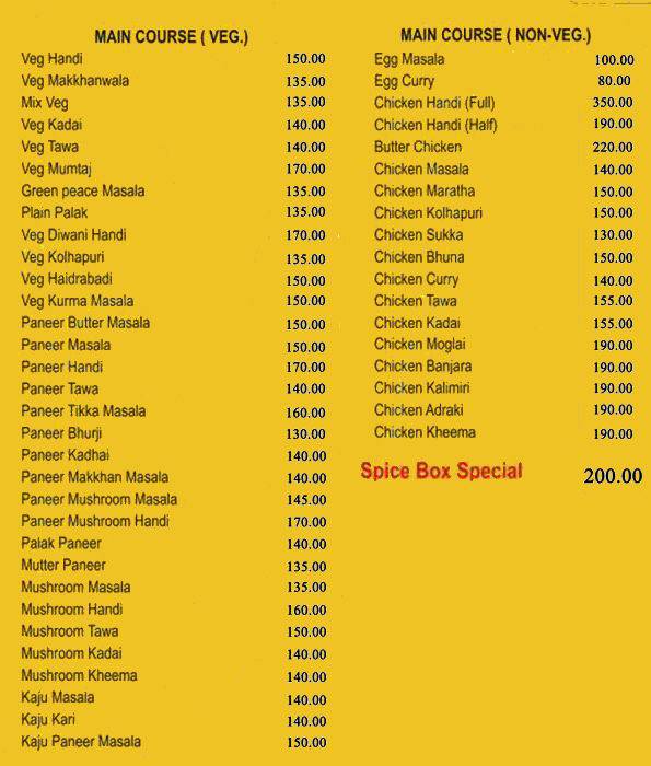 Spice Box menu