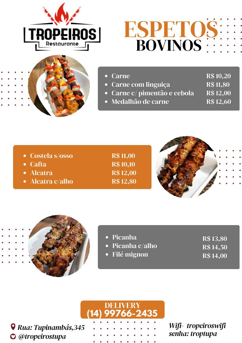 TROPEIROS ESPETARIA cardápio
