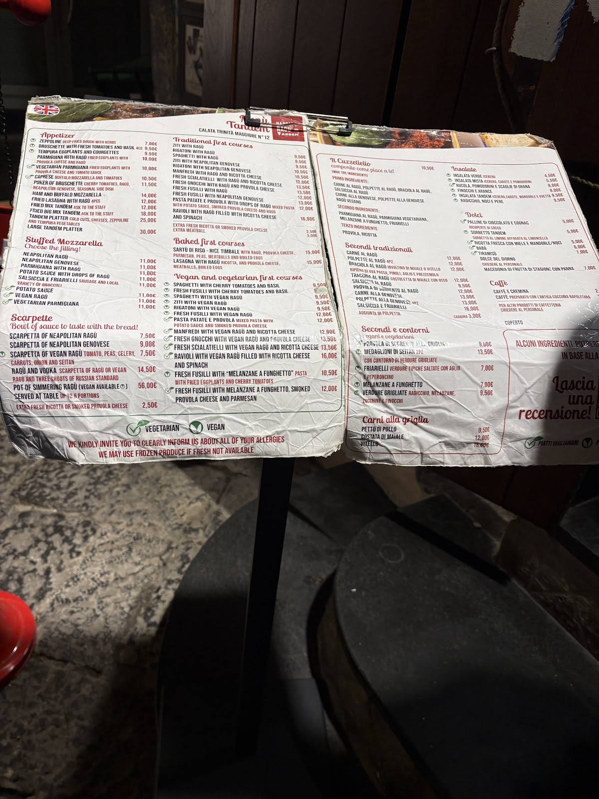 Menu di Tandem Ragù - Via Paladino 