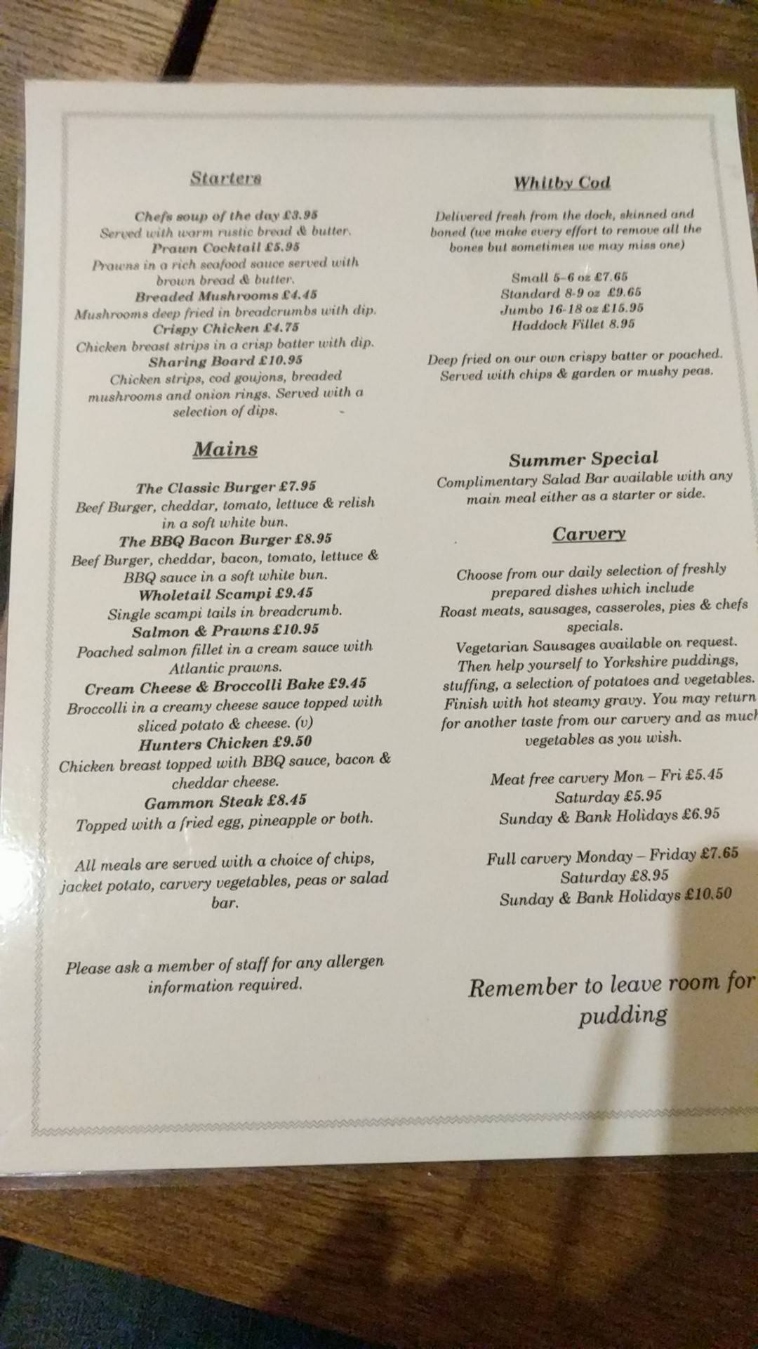 Menu at The Old Reindeer at Edingley restaurant, Rufford, Main St