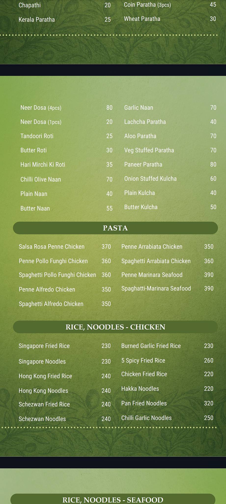 The Olive Restaurant menu