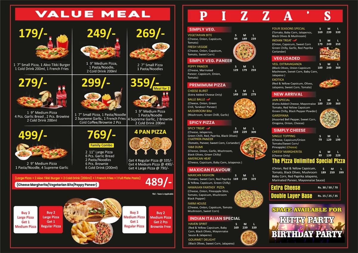 The Pizza Unlimited menu